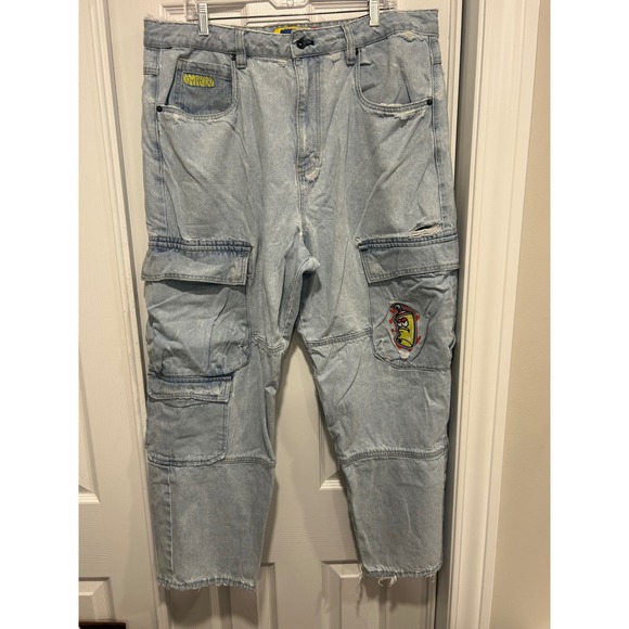 Empyre Other - Empyre Mens Distressed Cargo Jeans Light Wash Spray Can Patch Size 36 Loose Fit